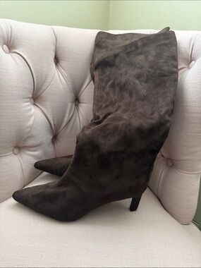 a new day Dark Brown Suede Pointed-Toe Mid Heel Boots